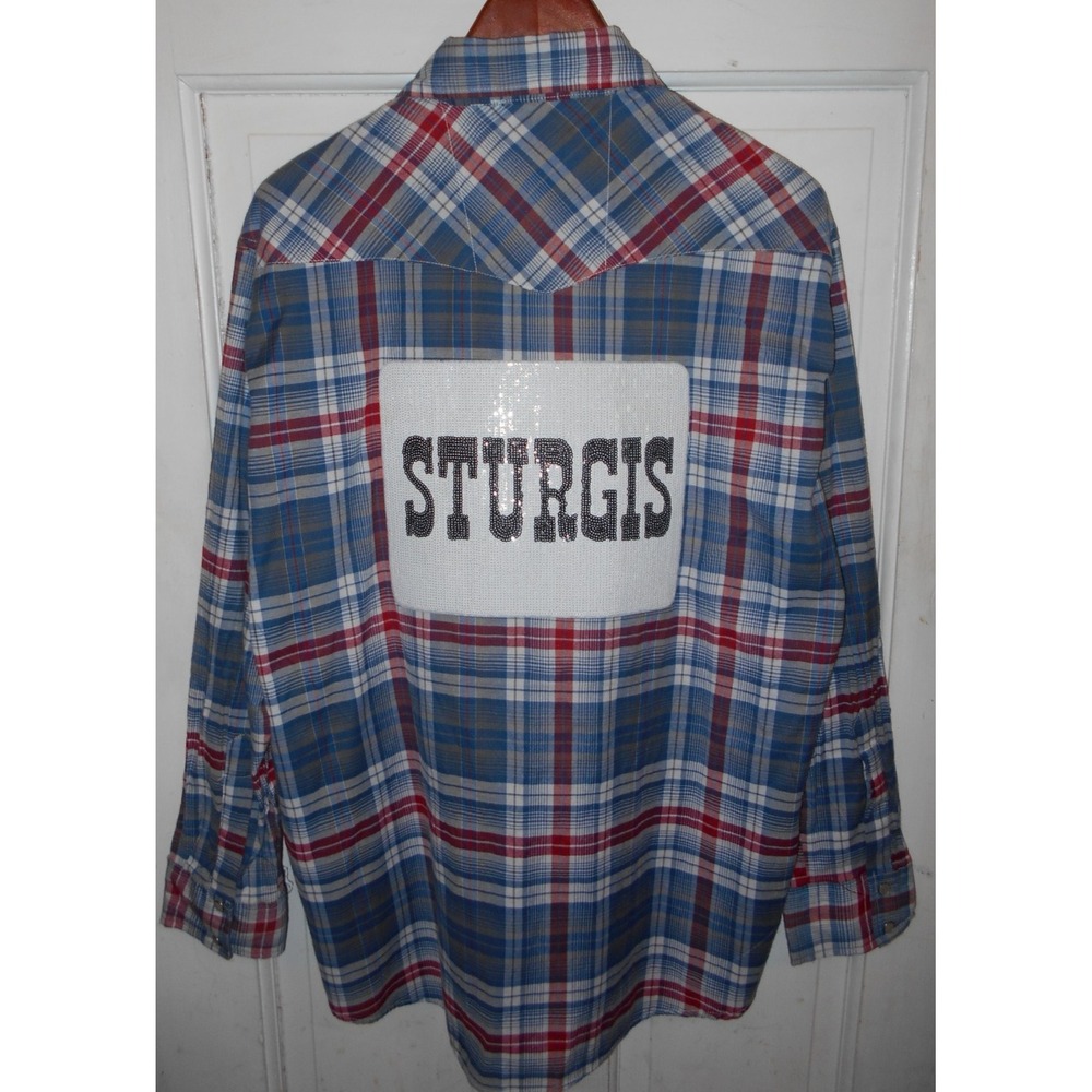 Sturgis HD Bling A Gogo Men Blue Plaid Shirt M Pearl Snaps Western Rodeo Cowboy